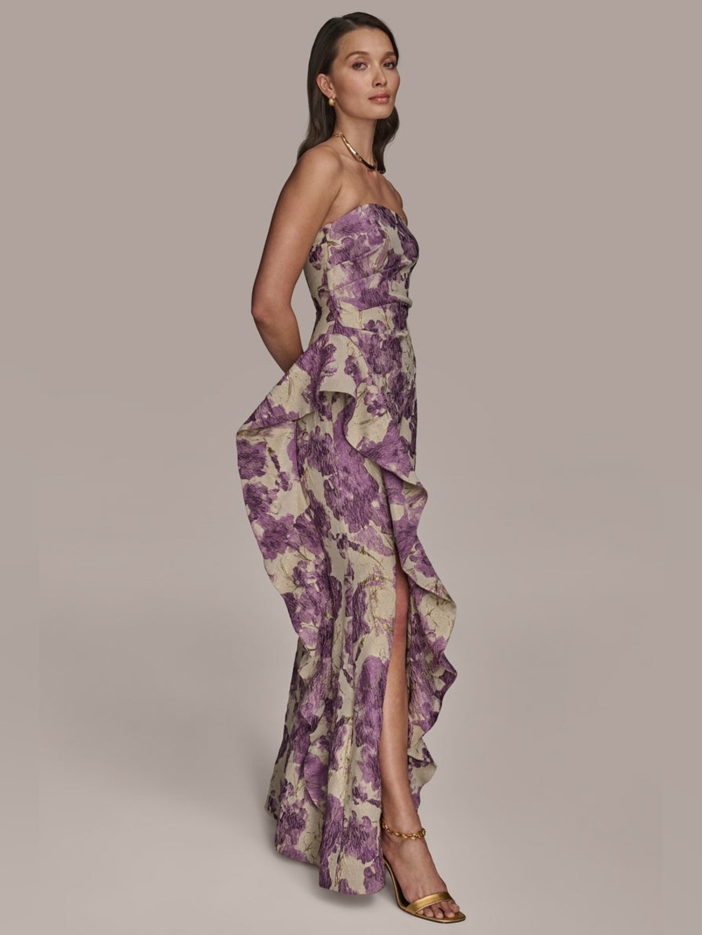 Donna Karan New York Floral Brocade Strapless Ruffle Gown Purple  Size 14 NWT - Picture 4 of 13